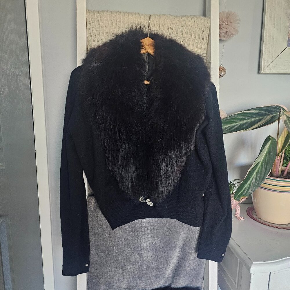 Vintage 50s Star Ruby Black Angora Blend Cardigan w/ Luxe Faux Fur Collar